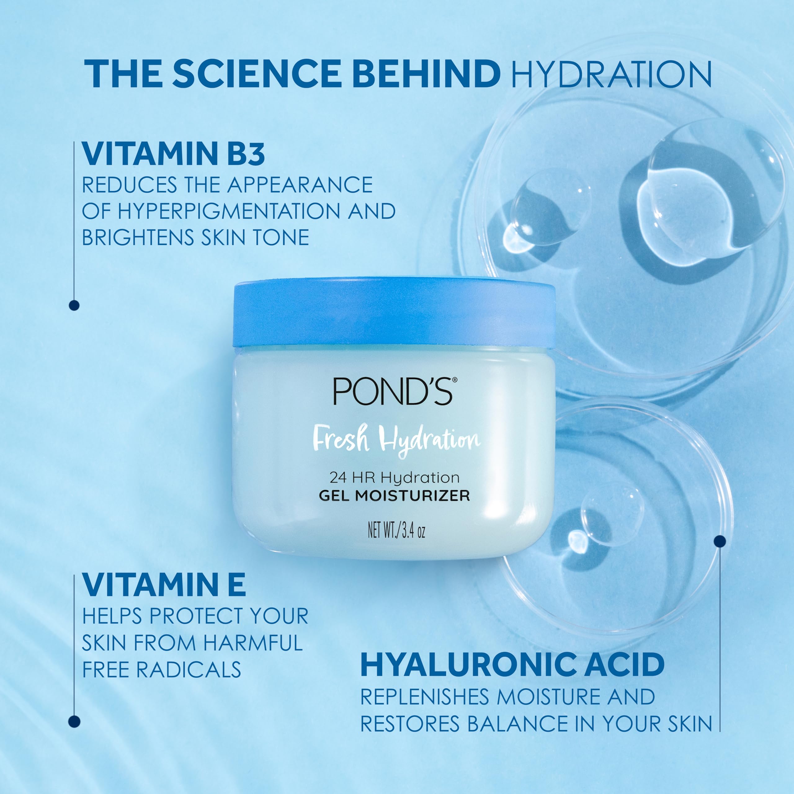 POND’S Fresh Hydration Gel Face Moisturizer, 24HR Hydration with Hyaluronic Acid, Vitamin E & B3 Niacinamide, Alcohol-Free, Oil-Free, Dermatologist Tested, 3.4 oz