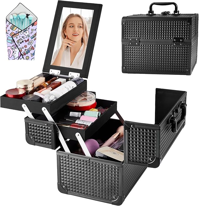GALHUBIS Makeup Train Case, Portable Makeup Case with Mirror, 2-Trays Cosmetic Organizer Case,Nail Polish Organizer, Travel Makeup Box, Profesional for Salon Barber, Black