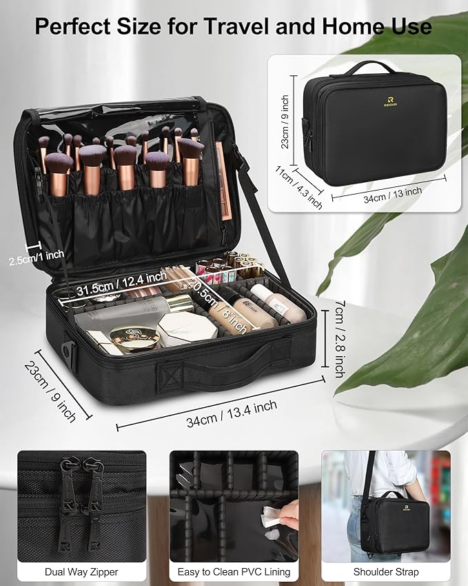 Relavel Makeup Bag Train Case for Women Travel Cosmetic Organizer with Adjustable Dividers and Brush Compartment, Large Storage Box for Cosmetics, Toiletries, Nail Polish, Jewelry, Electronic (Black)