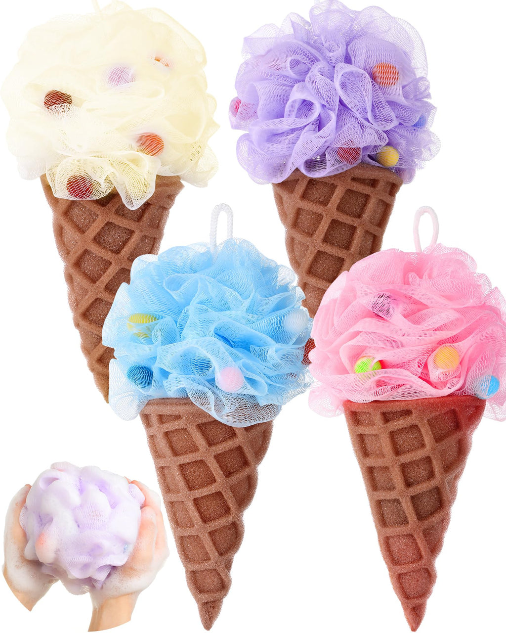 Reallnaive 4 Pcs Ice Cream Bath Loofah Sponge Cartoon Body Scrubber Loofah Soft Mesh Exfoliating Bath Scrubber Shower Ball for Shower Sponge Gifts Exchange Birthday Party
