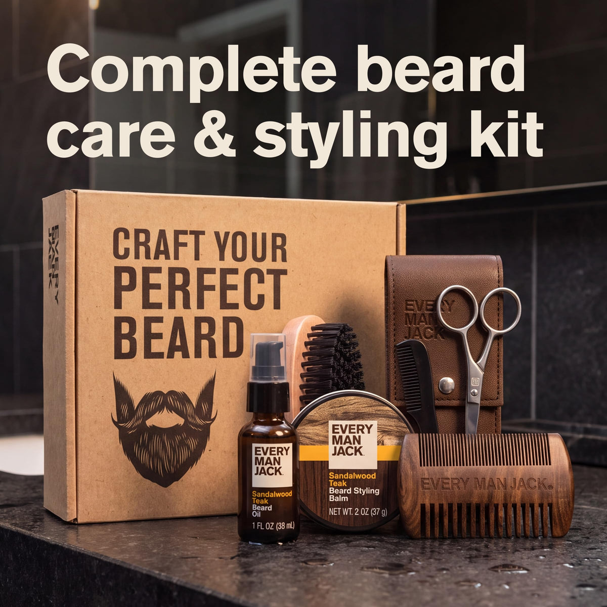 Every Man Jack Essential Beard Care Kit for Men, Sandalwood Teak, Gift Set