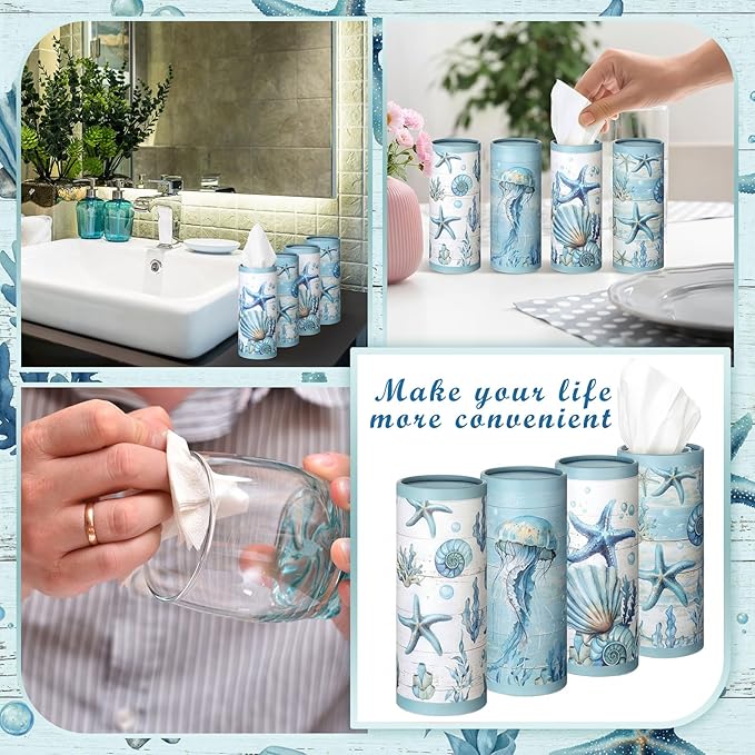 Fourluoo 12 Pack Summer Ocean Car Tissue Cylinder Holder Bulk with 3 Ply Facial Tissues Starfish Round Napkin Holders for Cup Holder Cylinder Colorful Travel Paper Tubes Bulk Napkin Boxes Packs