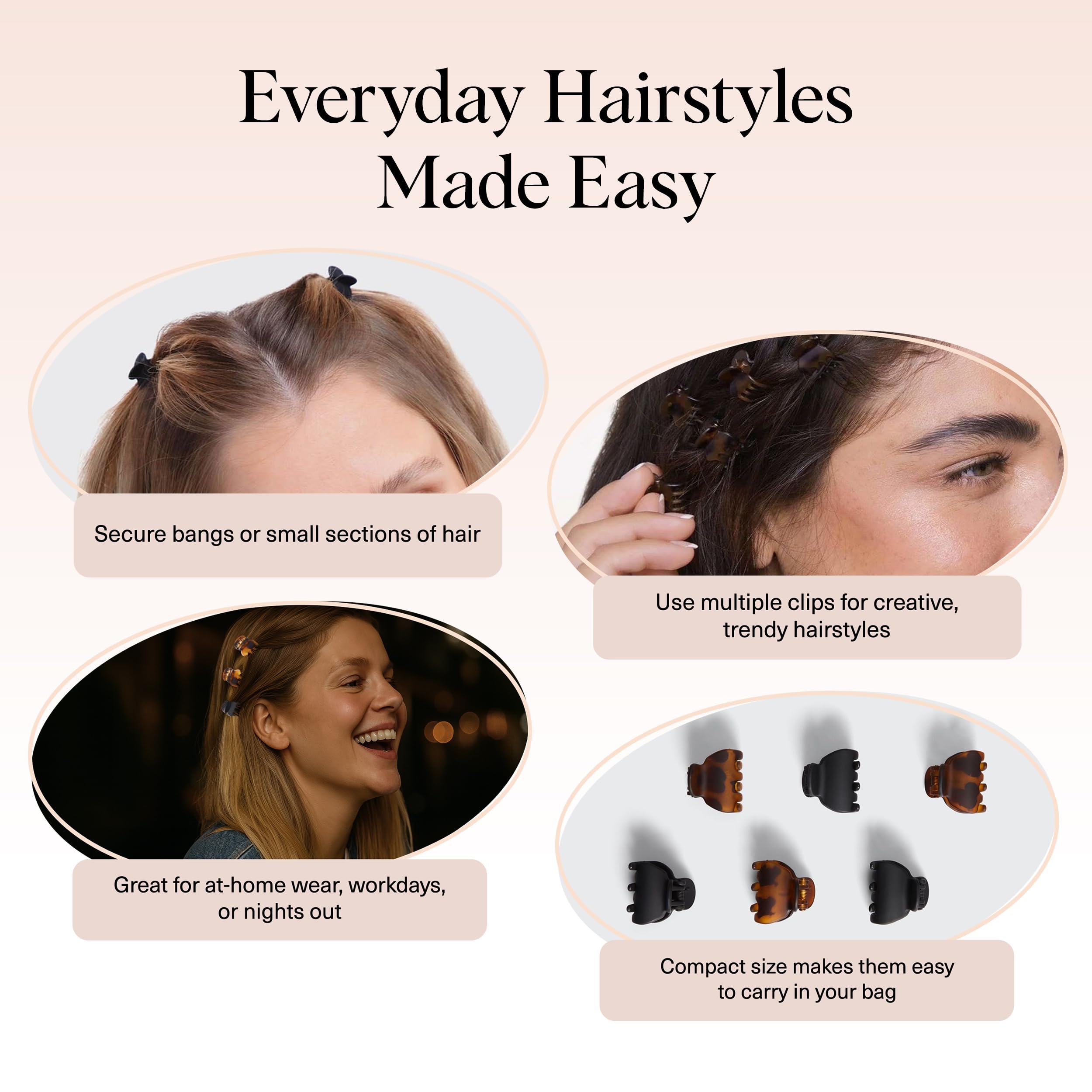 Kitsch Mini Claw Clips for Women - Stylish Small Hair Clips for Kids | Stays In Place Without Pulling or Snagging | Durable & Sturdy Plastic - Tortoise & Black, 6 Pcs
