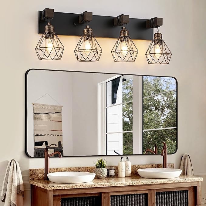 Farmhouse Bathroom Vanity Light Fixtures, 4-Light Black Gold Bathroom Light Fixtures Over Mirror, Rustic Wood Sconces Wall Lighting with Elegant Metal Lampshade for Living Room, Bedroom, Hallway