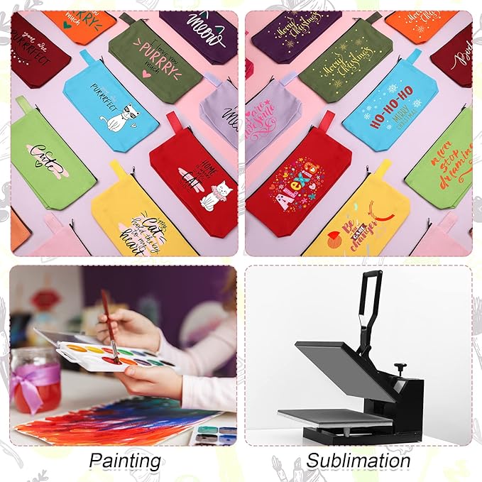 Reginary 60 Pcs Multicolor Canvas Makeup Bag Bulk Portable Travel Cosmetic Pouch Versatile Blank Toiletry Bag with Zipper for Women DIY Craft Purse Pencil Case (8.6 x 5 x 2 Inch)