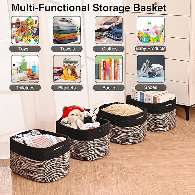 ICERZCZ Storage Baskets for Shelves Organizing, Woven Cotton Rope Baskets for Storage, Book Basket, Decorative Shelf Basket, 12.5"Lx9.1''Wx7.9''H (4 Packs) Black & Jute