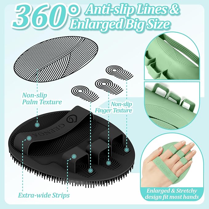 Silicone Bath Gloves 2PC, 360° Anti-Slip & Enlarged Silicone Body Scrubber for Rich Foaming Deep Cleaning, Revolutionary No-Grip & Hand-fit Shower Scrubber for All Skin Types(Black+Green)