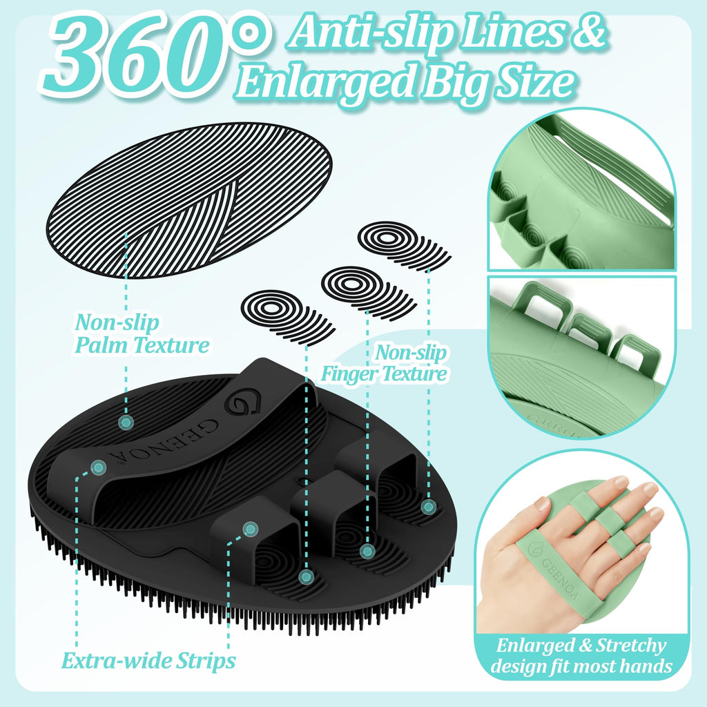 GEENOA New Silicone Body Scrubber 4PCS, 360° Anti-Slip & Enlarged Exfoliating Bath Glove for Rich Foaming Deep Cleaning, Revolutionary No-Grip & Hand-fit Shower Scrubber for All Skin Types.(4-Color)