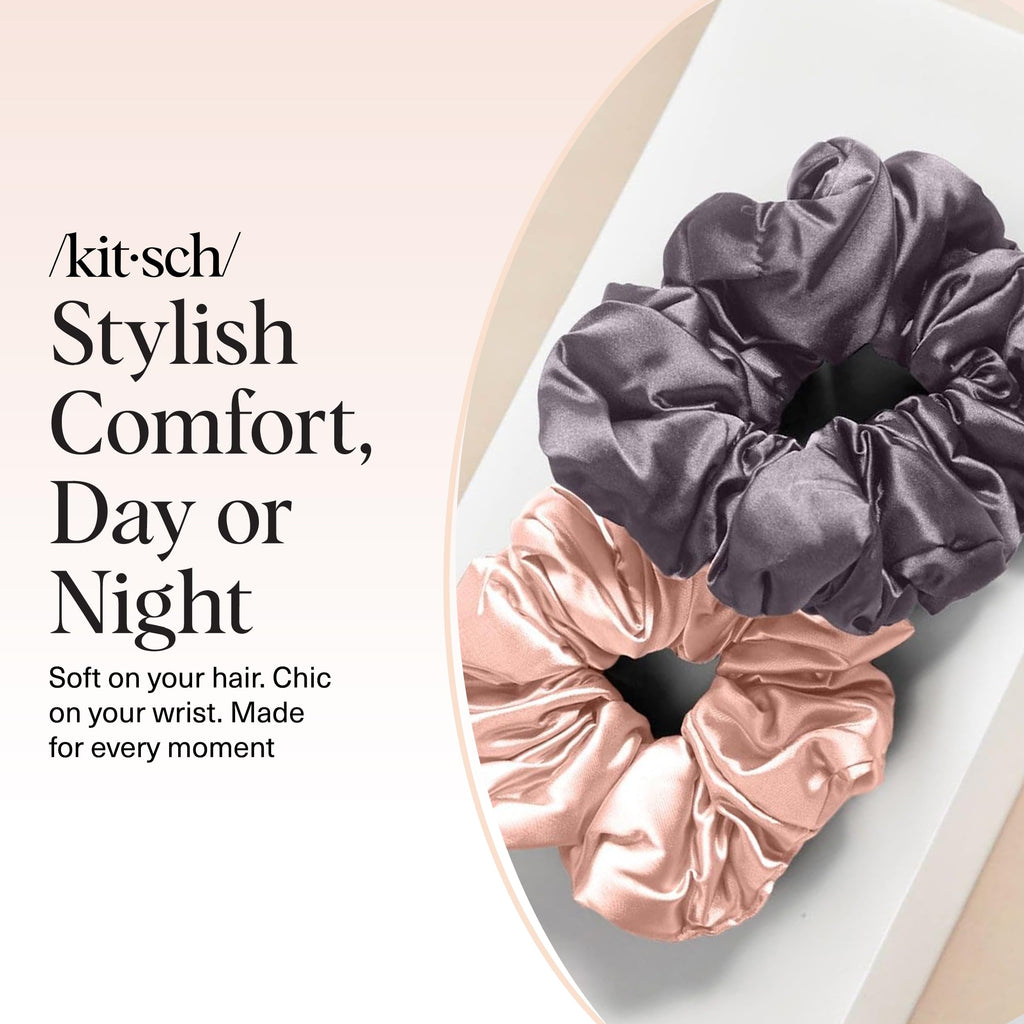 Kitsch Satin Hair Scrunchies for Women, Softer Than Silk Scrunchies for Hair - No Damage Satin Hair Ties, Ponytail Holders | Ideal Gifts for Women, 2pc (Blush/Charcoal)