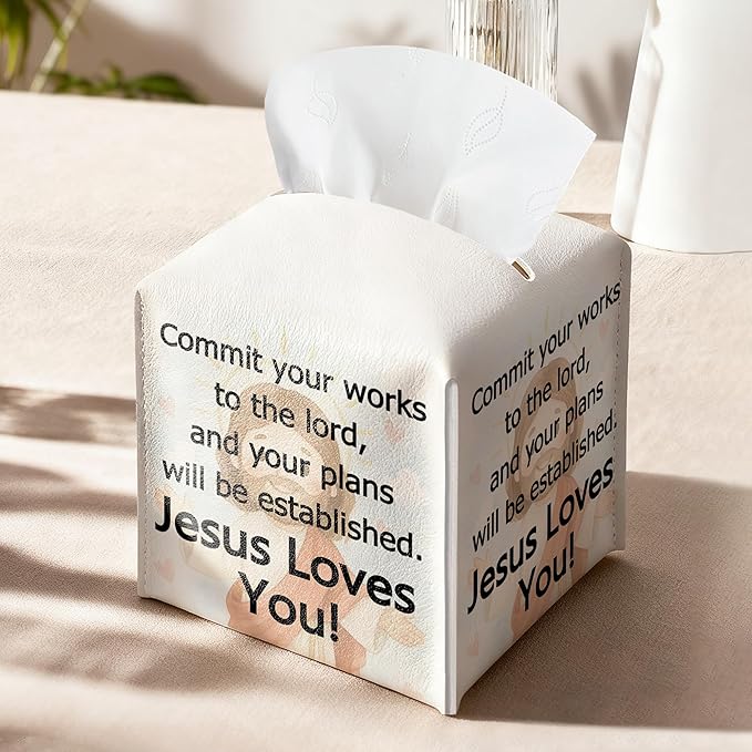 Christian Square Tissue Box Cover, PU Leather Drawstring Bottom - Commit Your Work to the Lord, Appreciation, Farewell, Retirement Gift for Christian Friends, Colleagues | Decorative Organizer