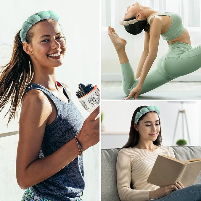 Ztomine Spa Headbands, Set of 2, Terry Cloth Headband Face Wash Headband Combo Pack - Puffy Makeup Headbands for Face Washing, Mask (beige + turquoise)