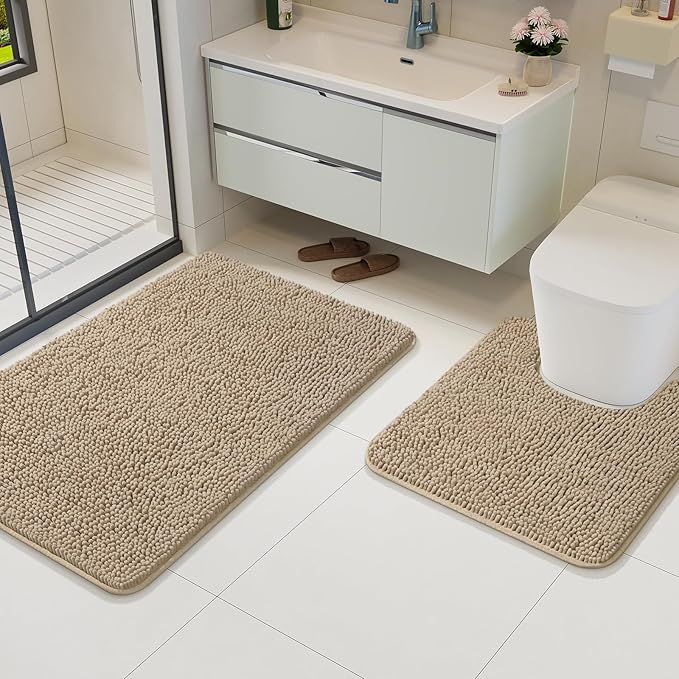 AROGAN Bathroom Rug Sets 2 Piece, 20"x20" U-Shaped Toilet Mat and 21"×34" Bath Mats Floor Set, Washable Bath Rug, Absorbent Soft Non Slip Bathroom Rug Set, Beige