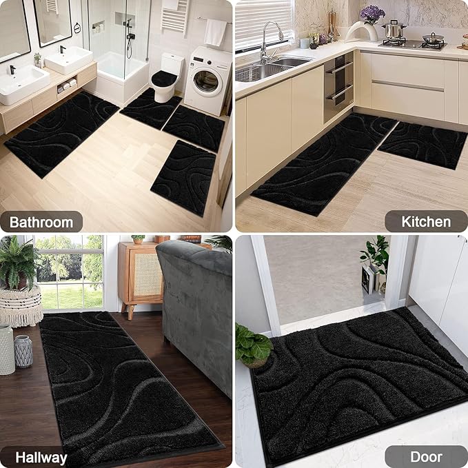 HEBE Bathroom Rugs Sets 5 Piece, Soft Absorbent Microfiber Bath Mat for Bathroom, Non Slip Washable Bath Rug Set with Toilet Cover, Bath Runner and U-Shaped Contour Toilet Rug, Black