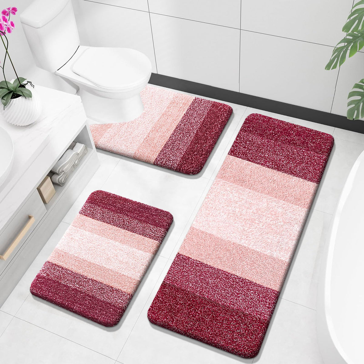 OLANLY Microfiber Bathroom Rugs Sets 3 Piece, Absorbent Bath Mats, Mauve