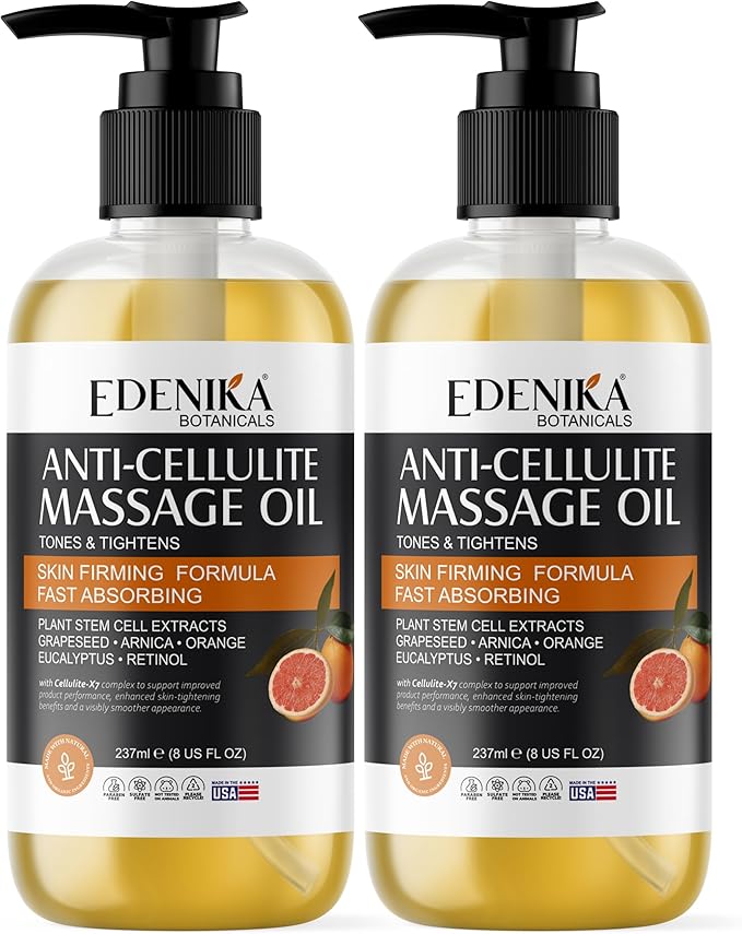 EDENIKA BOTANICALS Firming Anti Cellulite Massage Oil, Grapeseed Oil, Caffeine, Plant Stem Cells & Retinol, Supports Tighter, Smoother-Looking Skin on Body, Legs, Thighs & Buttocks, 2-Pack