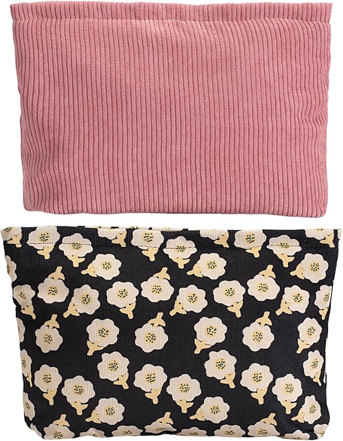 RIKMOXR 2 large cosmetic bags Ladies' corduroy canvas makeup bag, travel makeup bag, purse storage bag, featuring black floral and pink patterns