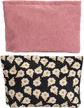 RIKMOXR 2 large cosmetic bags Ladies' corduroy canvas makeup bag, travel makeup bag, purse storage bag, featuring black floral and pink patterns