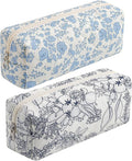 HHQQWZ Cute Floral Cotton Makeup Brush Cosmetic Bag for Women, Travel Quilted Zipper Make Up Bag, Flowers Toiletry Organizer Case Kawaii Makeup Cosmetic Travel Cloth Pouch (Blue+Navy Blue)
