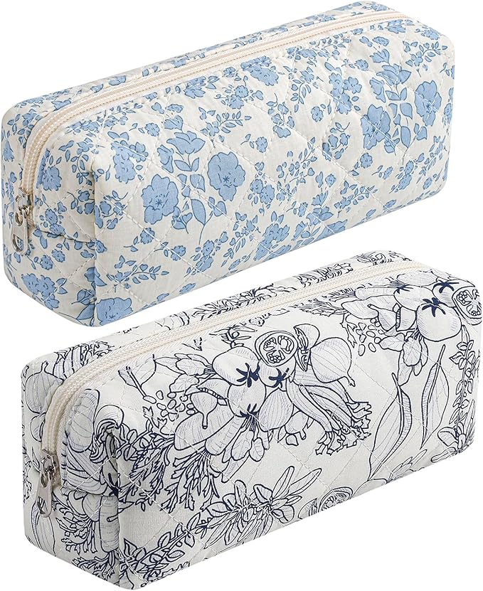 HHQQWZ Cute Floral Cotton Makeup Brush Cosmetic Bag for Women, Travel Quilted Zipper Make Up Bag, Flowers Toiletry Organizer Case Kawaii Makeup Cosmetic Travel Cloth Pouch (Blue+Navy Blue)