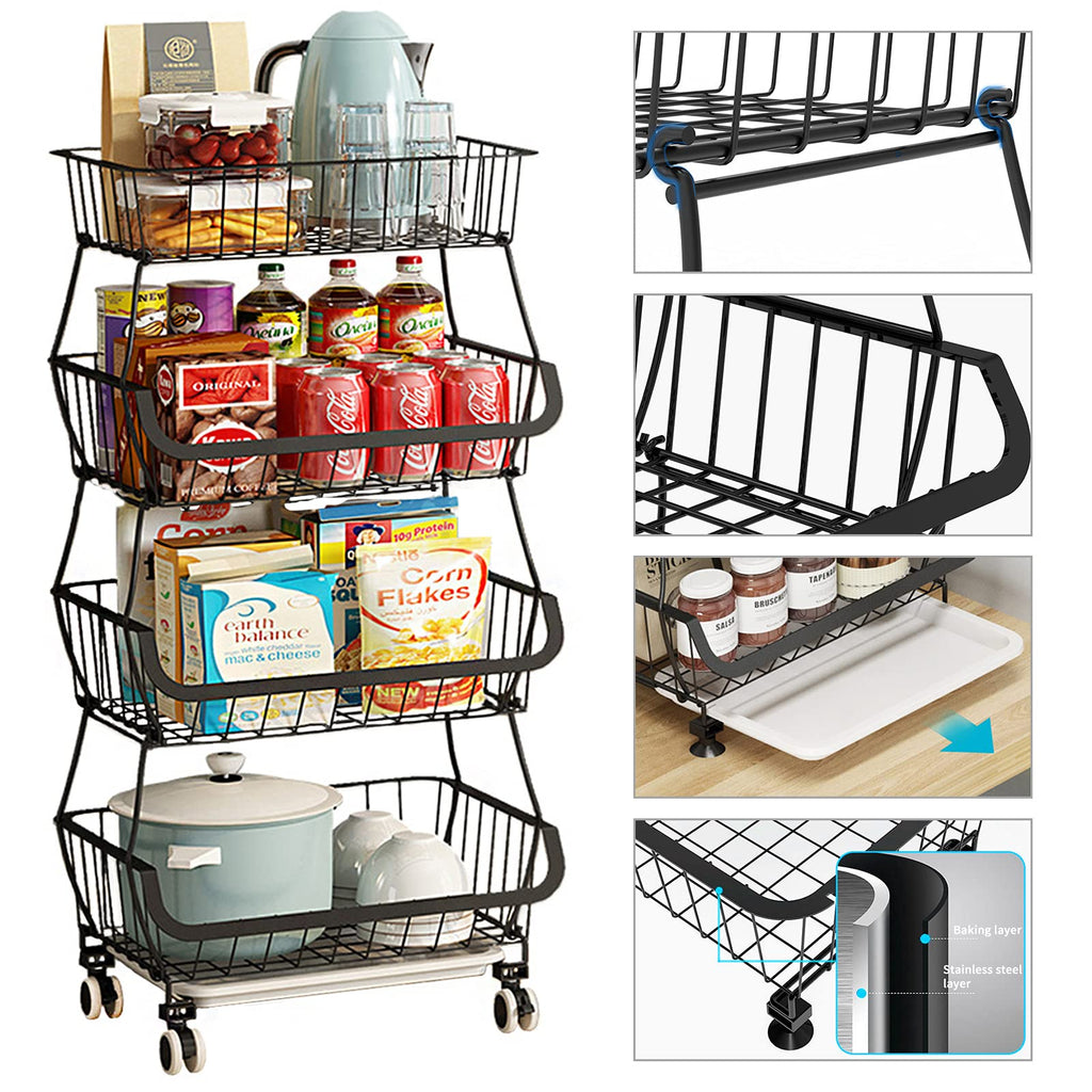 KOLENSA Metal Wire Baskets with Wheels, Stackable Storage Bins Kitchen Organizer Shelf 3-4-5-6 Tier Fruit Vegetable Cart Dishes Seasonal Rack Shelves for Garage, Pantry, Bathroom