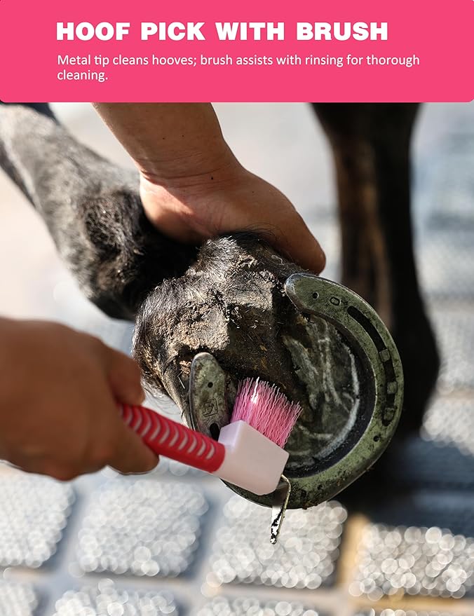 9-Piece Horse Grooming Brush Kit, Silicone Curry Comb & Grooming Brushes for Daily Care, Bathing & Shedding Pink Garnet