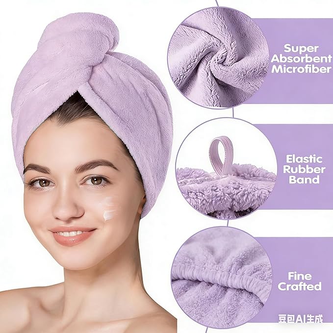 3 Pack Microfiber Hair Towel Wrap for Women, Fast Drying Hair Turban with Button, Anti-Frizz Large Hair Towel for All Hair Styles, Soft & Absorbent Hair Drying Towel