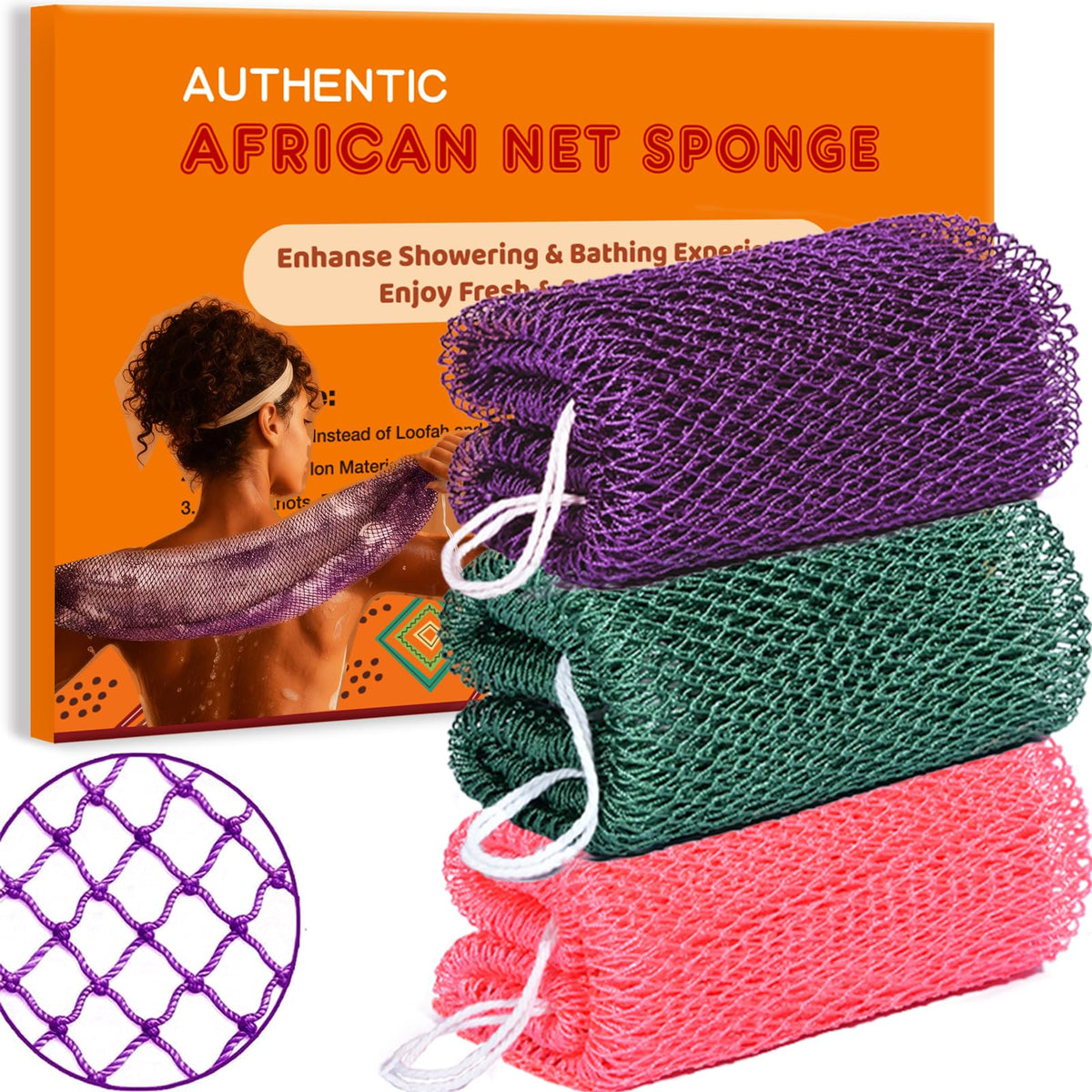 African Net Sponge Authentic Exfoliating Washcloth Body Back Scrubber 3 Pcs