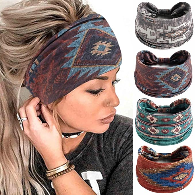 Boho Headbands For Women Fashion Hair Bands Stretch Turban Knoted Head Bands Yoga Running Sweatband Elastic Headband Stylish Wrap Headbands Hair Accessories for Teen Girls 4 Pack