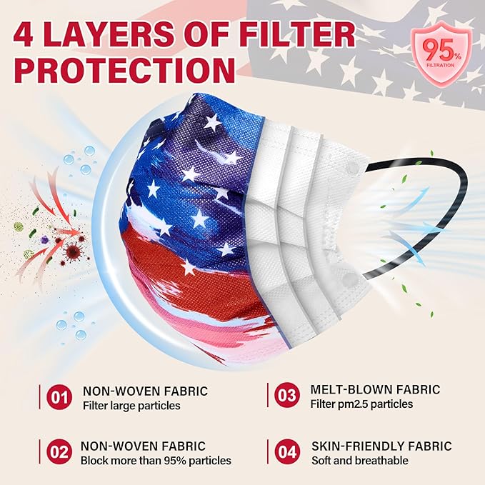 Disposable Face Mask for Adults - USA Flag Designs Masks, 4 Ply Masks Disposable 50 Pack, Colorful Dust Protective Breathable Individually Wrapped FaceMask for Women Men