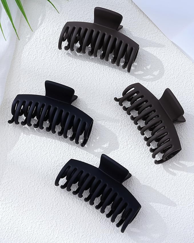 Mesovor 4 Pack Double Row Teeth Hair Claw Clips, 3.5" Large Strong Hold Matte Hair Clips for Thin and Short Fine Hair Accessories (2pcs Black, 2pcs Dark Brown)