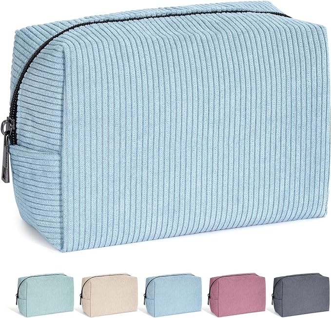 MAANGE Cosmetic Bags for Women Small Makeup Bag for Purse Corduroy Makeup Pouch Travel Makeup Bag with Metal Zipper Make Up Bag for Travelling(BLUE)