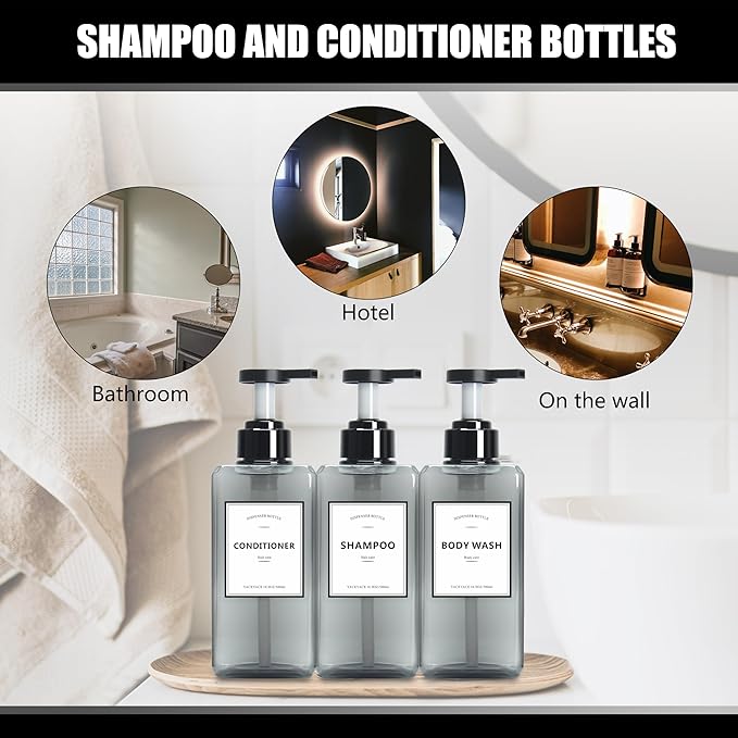 Soap Dispenser for Kitchen, YACEYACE 16.9oz Set of 3 Clear Grey Soap Dispenser Bottles Set, Refillable Pump Shampoo Dispenser Bottles with Label