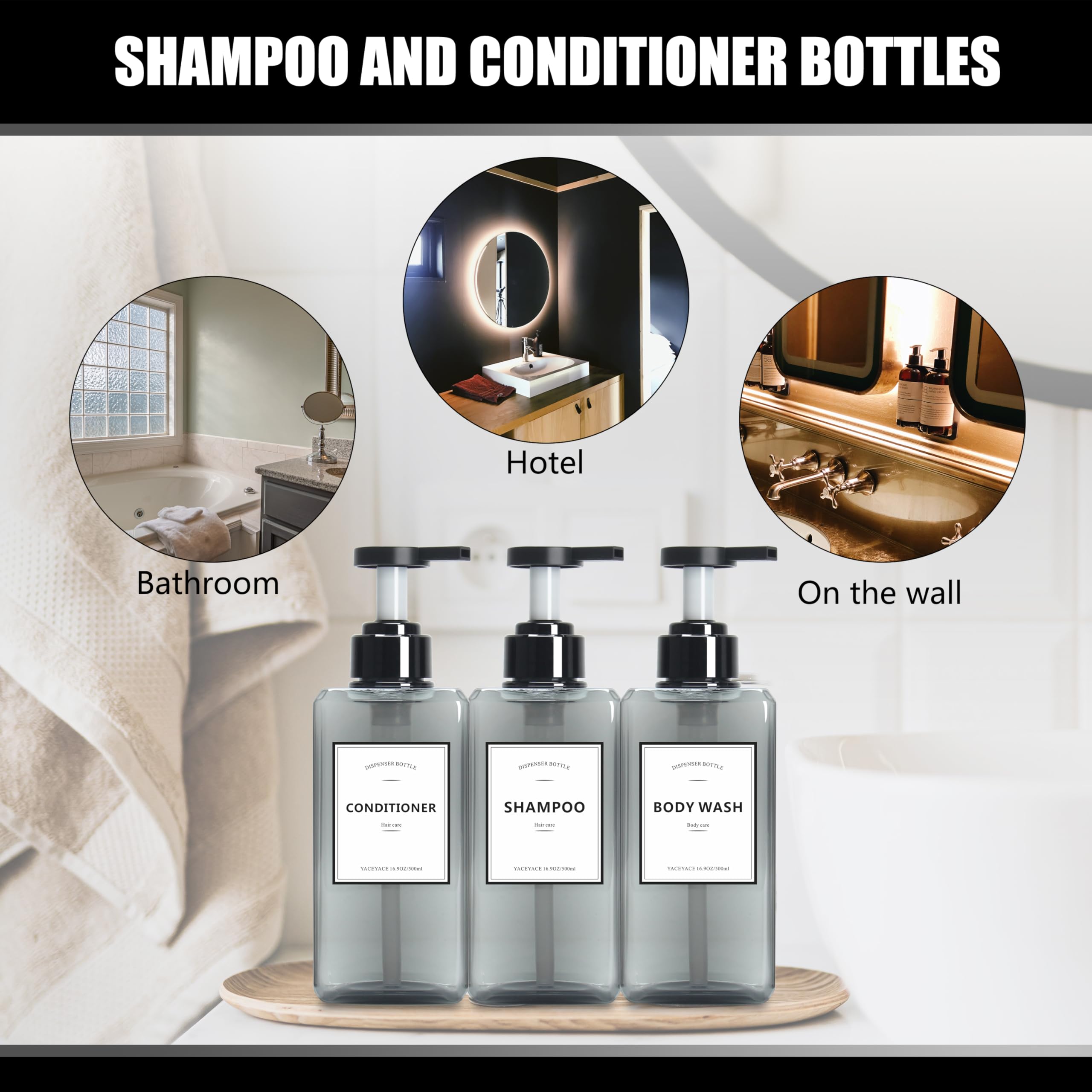 Soap Dispenser for Kitchen, YACEYACE 16.9oz Set of 3 Clear Grey