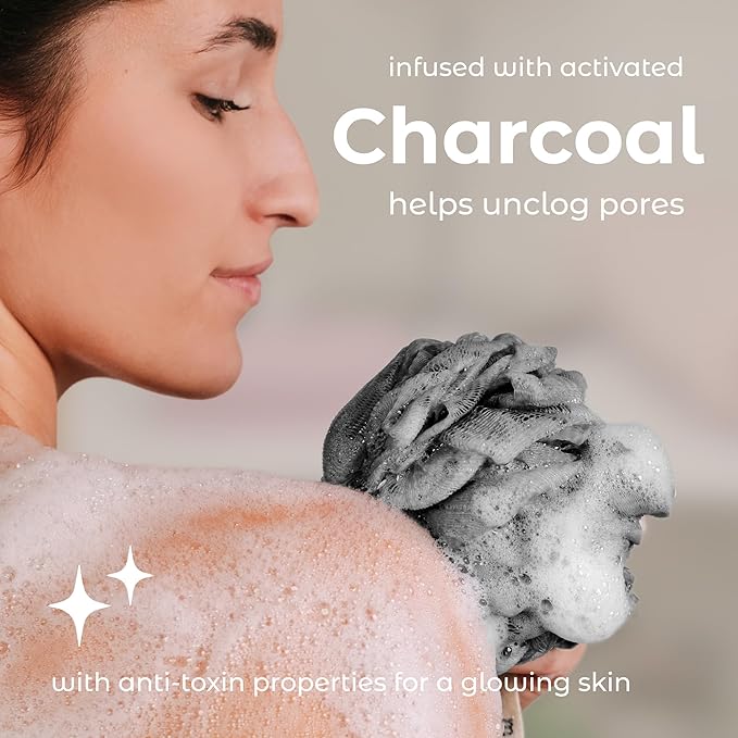MainBasics Shower Loofah Sponge Pouf, Set of 3, Charcoal Infused