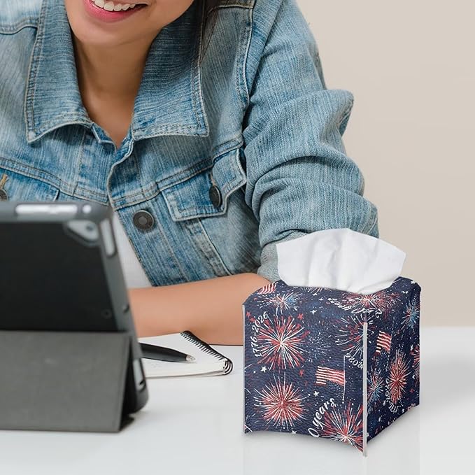 Firework USA Flag Tissue Box Holder Waterproof PU Leather Square Modern Tissue Box Cover with Metal Button Napkin Holder for Home Office Car