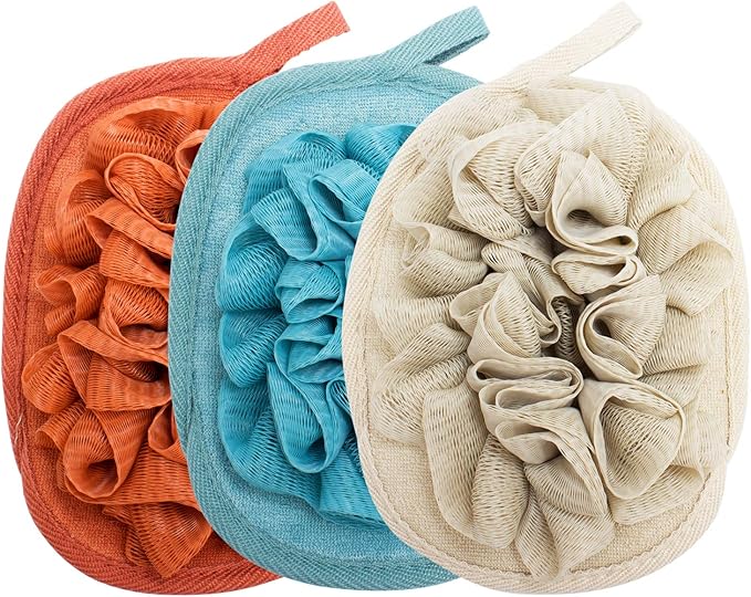 Amariver 3 Pack Body Sponge Brushes Pouf Mesh Brush Shower Glove with Flower Bath Ball