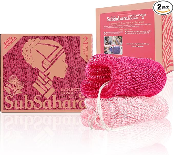 SubSahara Authentic African Net Sponge, 4 Pack 45-Inch Exfoliating Bath Sponge and Shower Loofah for Body and Back, Colorfast Quick-Dry Knotted Mesh Scrubber with Travel Pouch