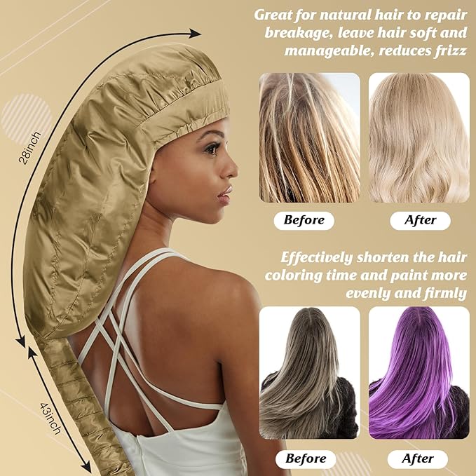 Bonnet Hair Dryer Attachment - Bonnet Hood Dryer with Headband That Reduces Heat Around Ears and Neck, Use for Hair Styling, Hair Drying, Curling and Deep Conditioning (Extended Version, Gold)