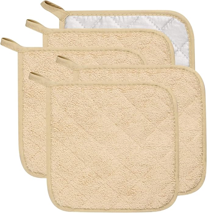 Lifaith Pot Holders for Kitchen, 100% Cotton Terry Pot Holder Set of 5, Heat Resistant Hot Pads for Cooking, Baking, Hot Dishes and Countertop Protection,Light Brown