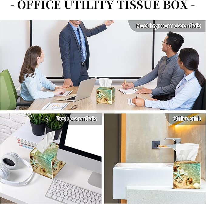 Starfish Seashell on Summer Beach Tissue Box Cover Square, Starfish Seashell Tissue Box Holder Waterproof Leather Facial Paper Organizer Dispenser for Bathroom Home Car Nightstand Vanity Desk
