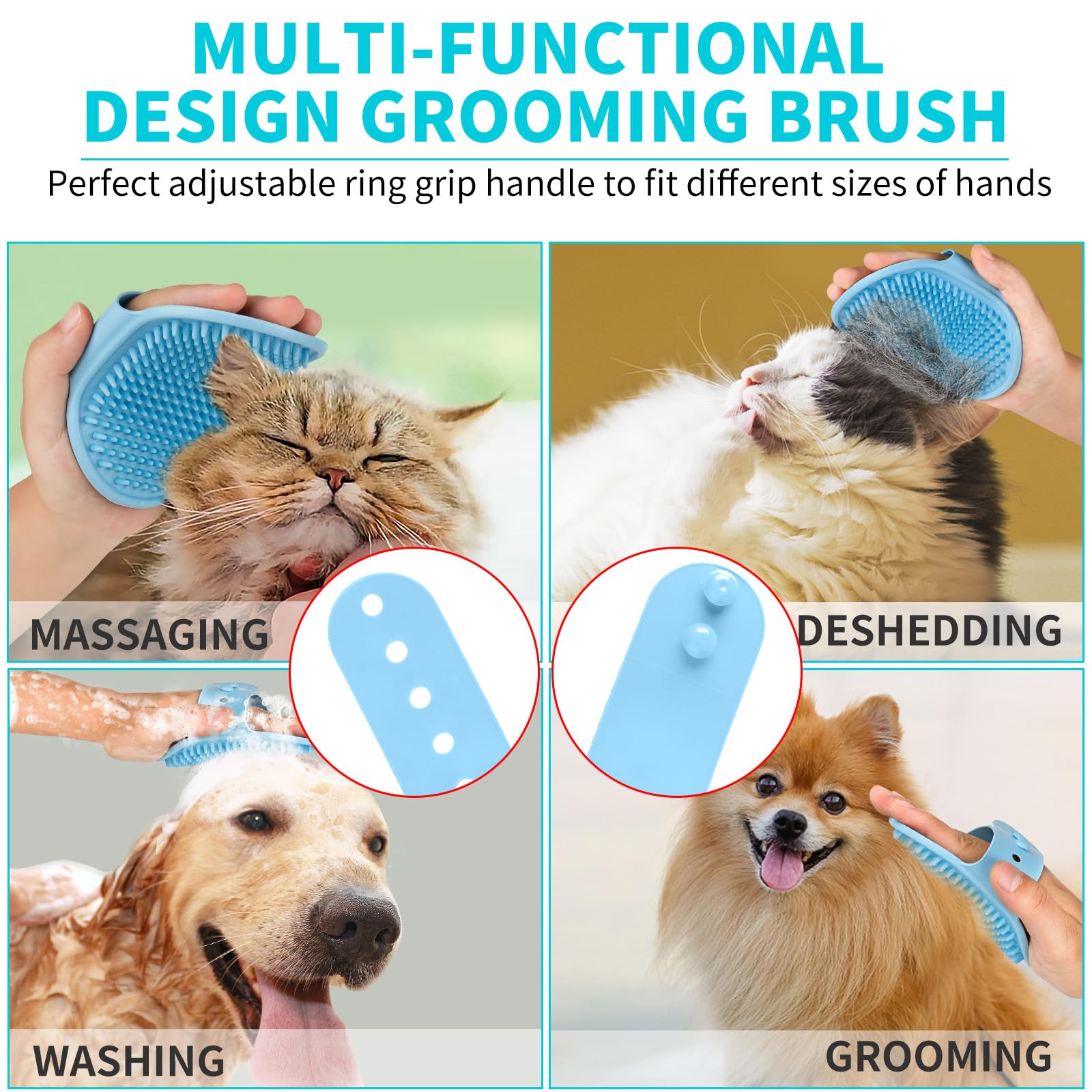Comotech 3-in-1 Dog Grooming Brush | Adjustable Handle Shampoo Brush & Scrubber for Short & Long Haired Dogs & Cats (Blue Pink Blue)