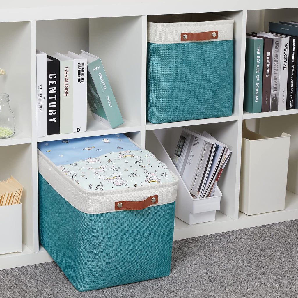 HNZIGE Extra Large Fabric Storage Bin Baskets for Organizing Shelves [2 Pack] Storage Baskets for Closet 16" X 11.8" X 11.8" Rectangular Storage Basket Bin for Organization Living Room(Teal&White)