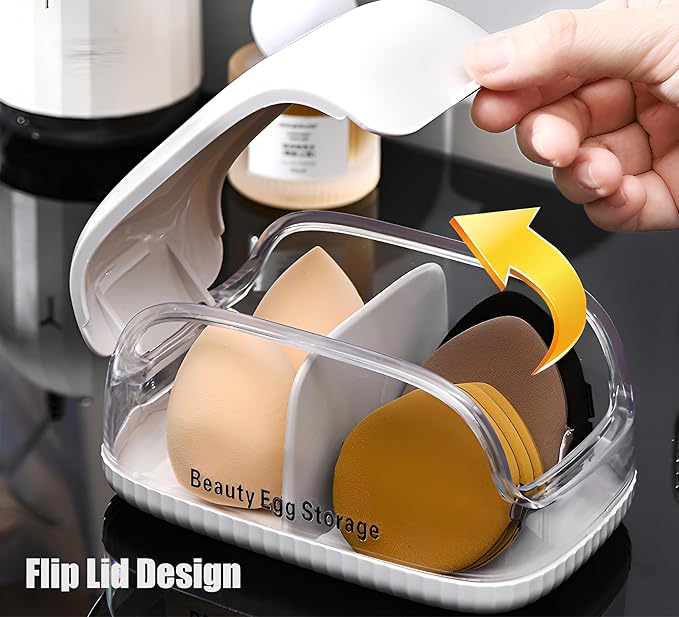 LamChyar Beauty Blender Holder, Makeup Sponge Holder with Lid, Makeup Sponge Case for Countertop (Clear Lid)
