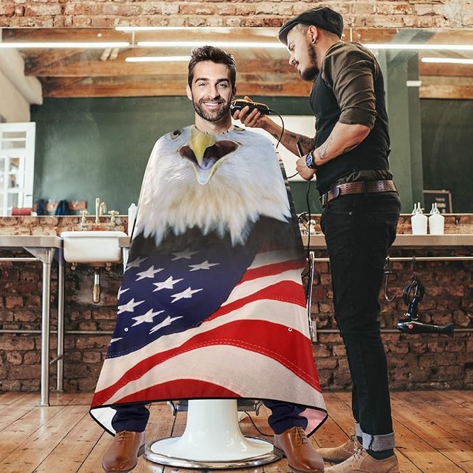 Visesunny Barber Cape with American Flag & Bald Eagle - Polyester Hair Cutting Salon Apron & Bib