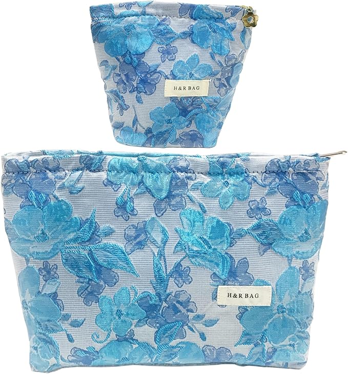 getgto 2 Pcs Makeup Bags, Large Cosmetic Bag Travel Toiletry Bag Organizer for Women, Embroidery Craft, Floral Makeup Bag Small Cosmetic Pouch Purse with Zipper Gifts for Girls Teen