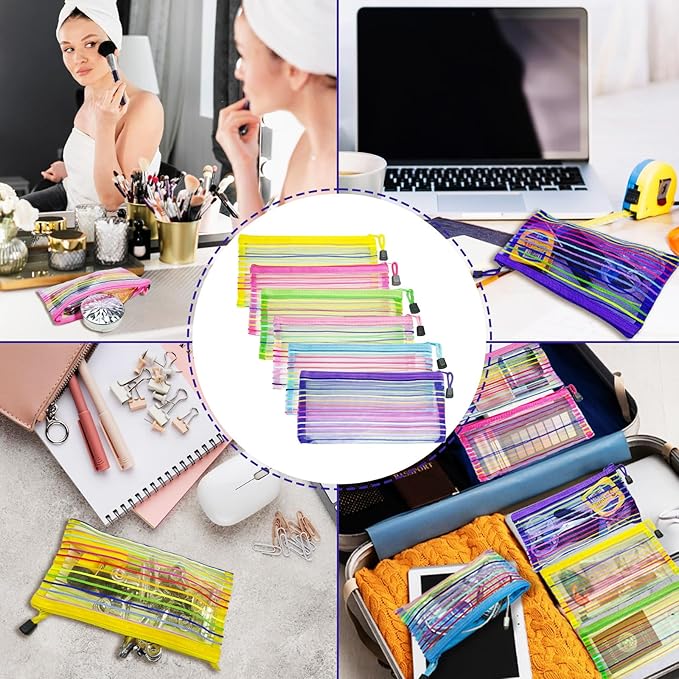 CarryEpic Mesh Bags with Zipper (6 Pack), Small Nylon Makeup Bag Cosmetic Pouches Travel Organizer for Purse Diaper Bag Home Organizing Striped Mix 6 Colors
