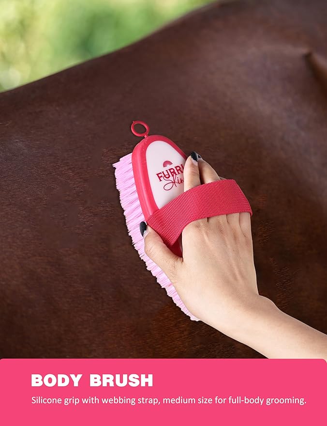 9-Piece Horse Grooming Brush Kit, Silicone Curry Comb & Grooming Brushes for Daily Care, Bathing & Shedding Pink Garnet