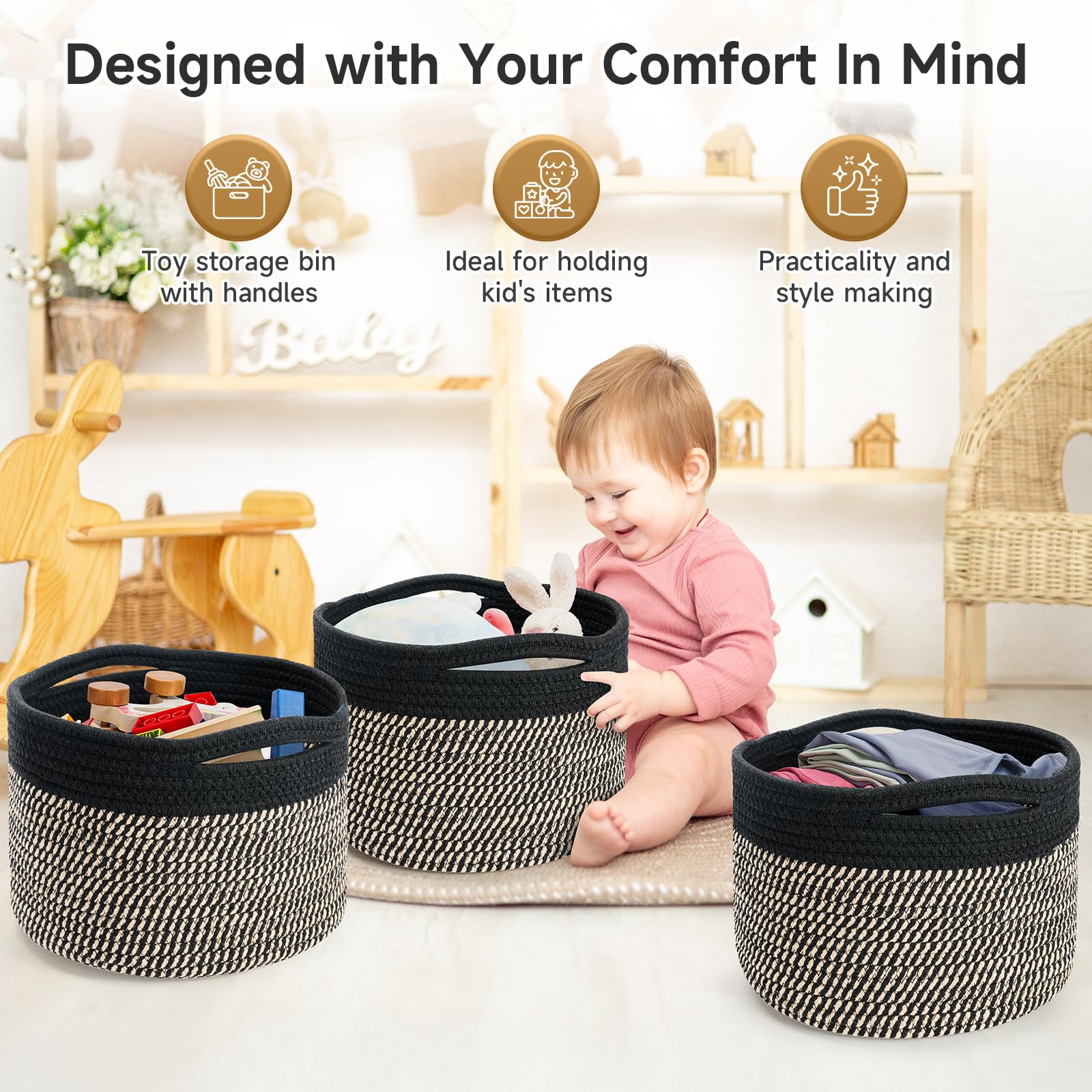 Maxuni 3 Pack Small Rope Storage Baskets, 9.82×9.82×7.1", Brown+Black