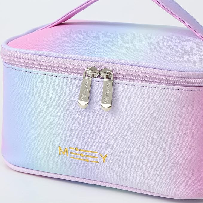 Gradient Travel Makeup Bag for Women, PU Leather Cosmetic Bag, Rainbow Pink