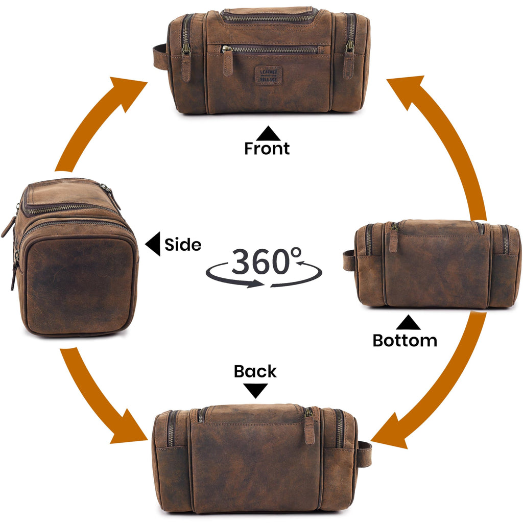 LEATHER VILLAGE Large Leather Toiletry Bag for Men, Hanging Travel Dopp Kit